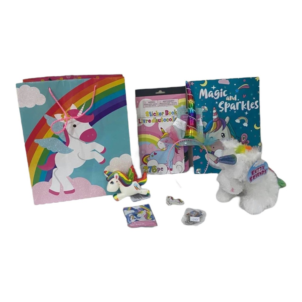 Plush Unicorn Gift Bag Set Headband Necklace Squishy Books Stickers Balloon